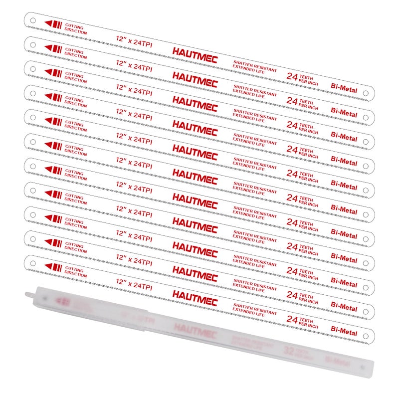 HAUTMEC 12" Hacksaw Blades 24 TPI â€“ 10 Pack Bi-Metal Replacement Blades with High-Speed Steel Teeth and Spring Steel Body, Professional Grade, Fits Most Hacksaw Frames - Image 1
